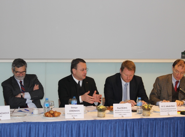 From the left G. Lemonidis, P. Rübig, H.E. J. Dürr, D. Cloquet img_0771upraveno.JPG